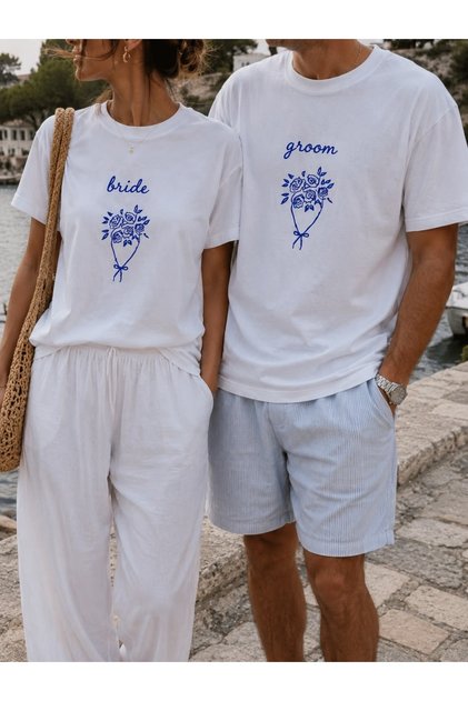 Bride Groom Combination Set of 2 Pre-Printed Oversized T-Shirts Lover's Combination Set of 2