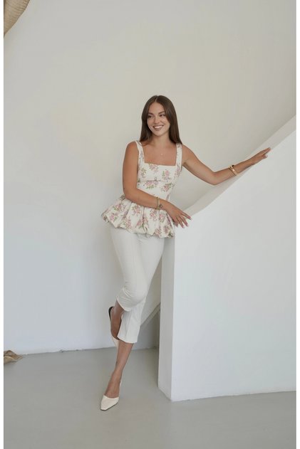 Strappy Floral Patterned Balloon Blouse Pink