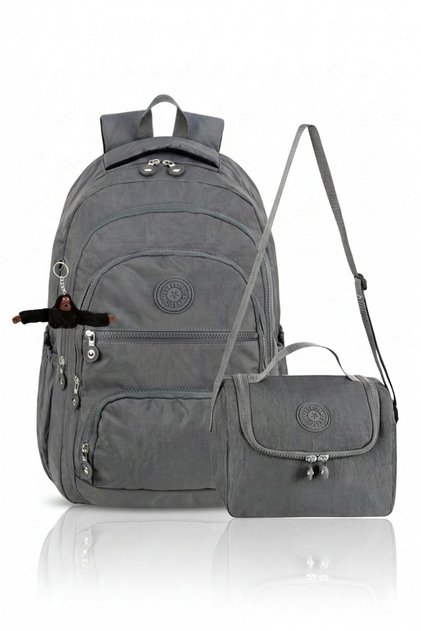 Bag Trend 2-Piece Set Luxury Crinkle Fabric High School and Middle School Backpack + Lunch Bag, with Monkey Keychain Gift