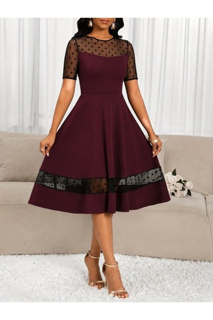 Women's Short Sleeve Crew Neck Polka Dot Tulle Detailed Midi Janjan Crepe Dress