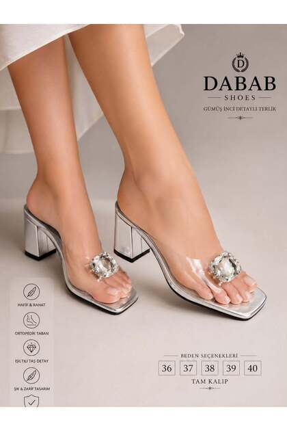 Andy Women's Transparent Banded Stone Buckle Square Toe Silver 7 cm Thick Heeled Slippers