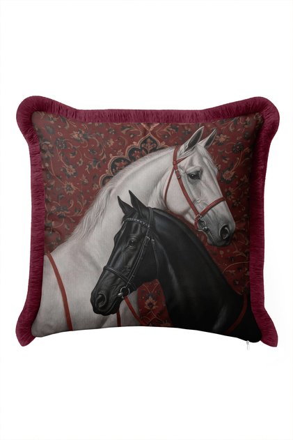 Horse Figured Ottoman Motif Fringed Pillowcase-Noble Equestrian Bohemian Black Tasseled Throw Pillow Cover