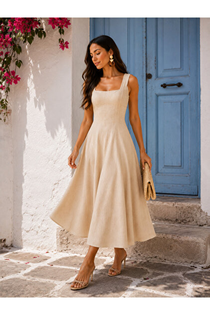 LADYA COLLECTION Beige Square Neck Princess Cut Cotton Midi Dress