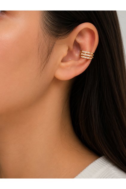 Women's Gold Color Three Row Zircon Stone Ear Cuff Cartilage Earrings