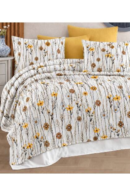 Double Floral Patterned Multi-Purpose Quilted Bedspread (Pique) & 4 Pillowcases + Fitted Sheet