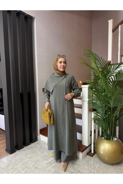 Asimetrik Yakalı Modal Kumaş Pantolonlu Takım – Gri | Siyah | Haki | Vizon