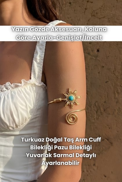 Turkuaz Doğal Taş Arm Cuff Bilekliği Pazu Bilekliği Yuvarlak Sarmal Detaylı Ayarlanabilir