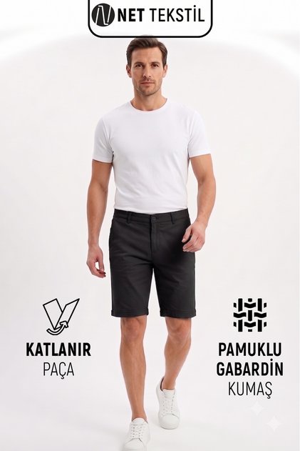 Men's Gabardine Shorts Black Cotton Foldable Leg Pockets
