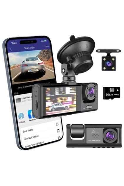 Cameră auto triplă, Wifi, Full HD 1080P, Card de memorie de 32 GB inclus, Înregistrare frontală, posterioară și interioară, 170 ° Unghi de înregistrare, Ecran LCD, Senzor G, Viziune nocturnă, Senzor de mișcare, Negru