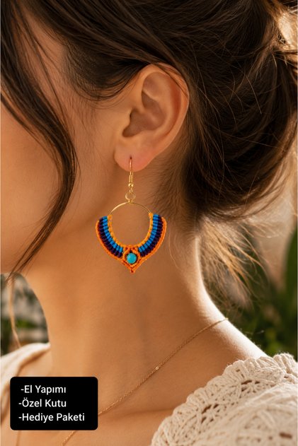 Turquoise Stone Detailed Colorful Macrame Hoop Earrings Handmade Bohemian Women's Earrings
