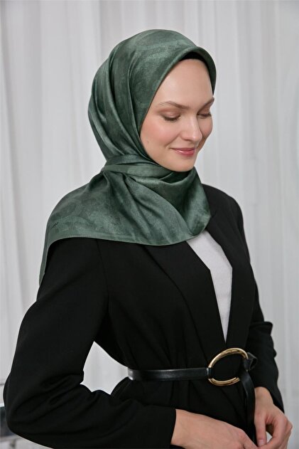 Polyester Blended Shiny Scarf Green Ethnic Patterned Shiny Textured 90X90