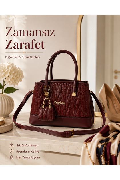 Women's 4-Compartment Hand and Shoulder Bag with Adjustable Strap and Charm Accessories