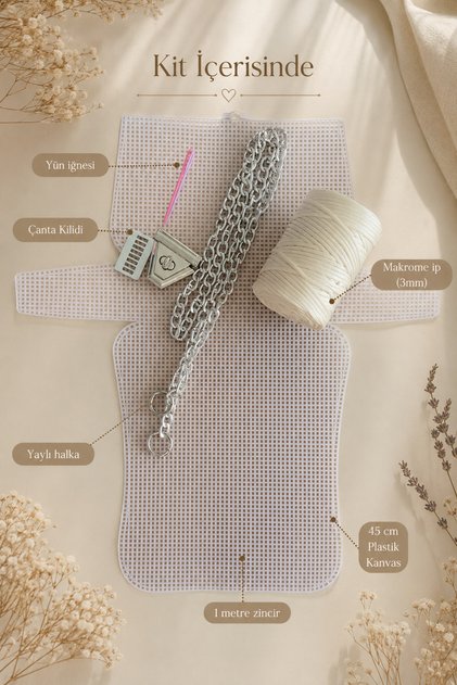 Cream Bag Knitting Kit Plastic Bag Canvas 45X21Cm 3mm Knitting Yarn DIY Design Your Own