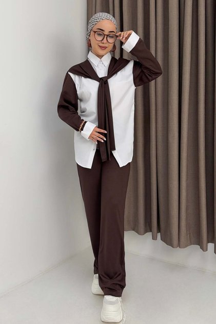 Oysho Fabric Shoulder Belted Gilded Shirt Suit with Embellishments Brown