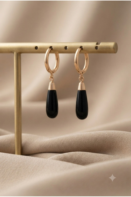 Steel Earrings with Natural Obsidian Stone