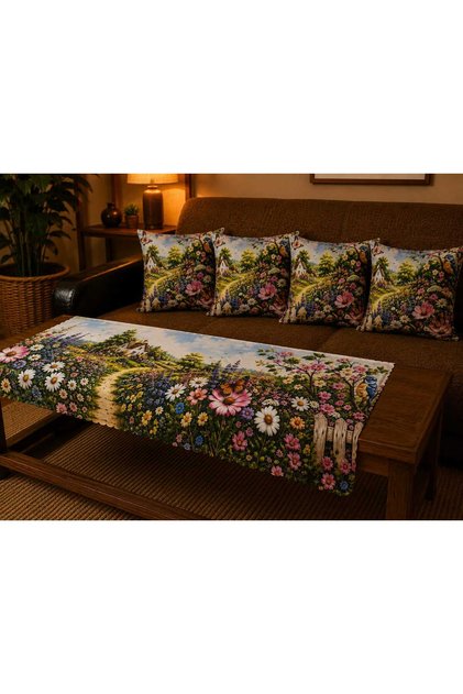 Landscape Patterned 4-Piece Throw Pillow Cover + Runner Set