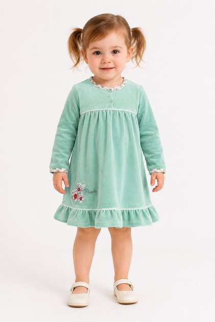 Girls Velvet Flower Embroidered Long Sleeve Dress 14023