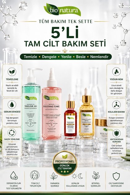 Bio Natura Profesyonel 5'li Günlük Cilt Bakım Seti | Temizleme, Nem, Kolajen ve AHA BHA Bakımı