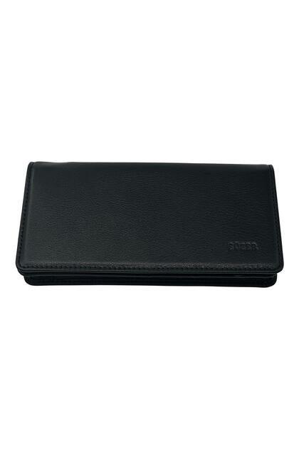 Black Genuine Leather Unisex Handheld Portfolio Wallet with Phone Compartment and Magnetic Closure // 3060-Siyah