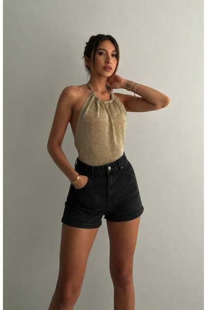 Işıltılı Gold Halter Yaka Sırt Dekolteli Bluz