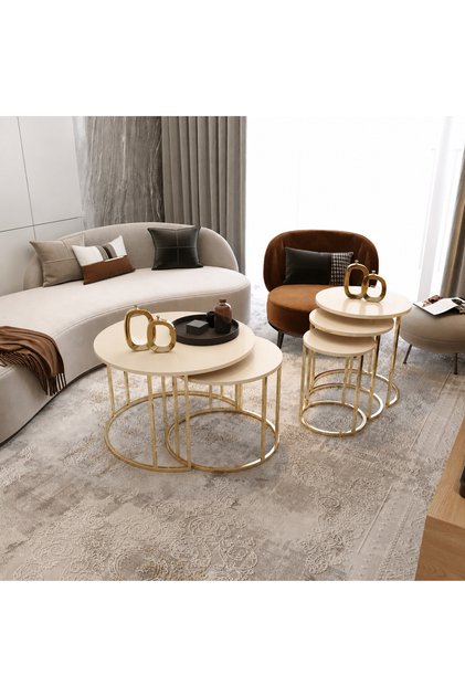 Armoni Yavrulu Orta Sehpa 3'lü Zigon Sehpa Gold Ayak Krem Mdf-Mebran Kaplama