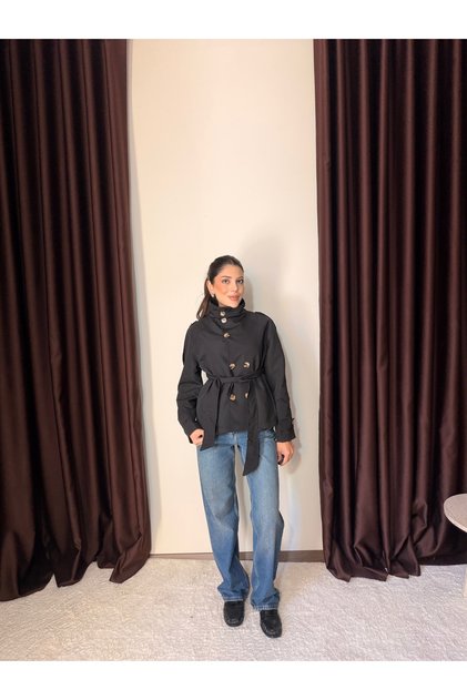 Women's Stand Collar Trench Coat Jacket with Belt and Buttons