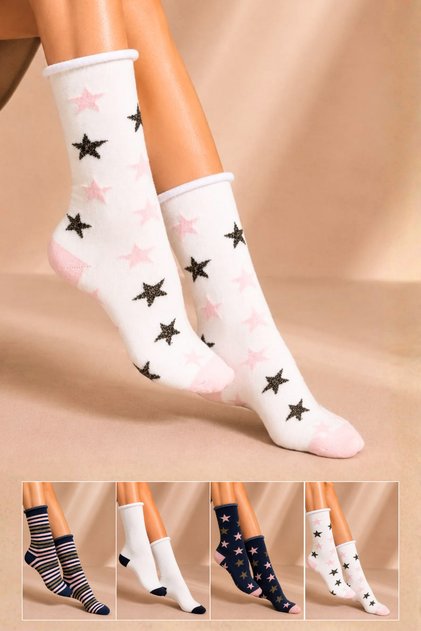 Women's Cotton Elasticless Socks with Patterned Design, Multi-Colored, Pack of 4