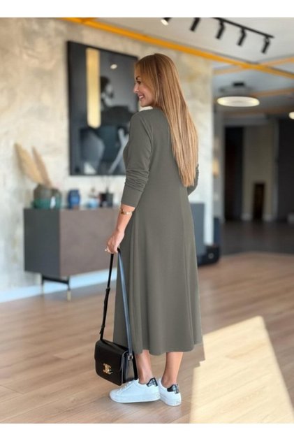 Women's Long Sleeve V-Neck Midi Length Green Modal Dress