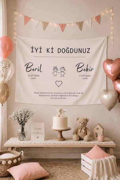 İkizler ve Kardeşlere Özel Kişiselleştirilebilir Büyük Ebat Birinci Kalite İyi Ki Doğdunuz Kumaş Doğum Günü Duvar Örtüsü Duvar Panosu
