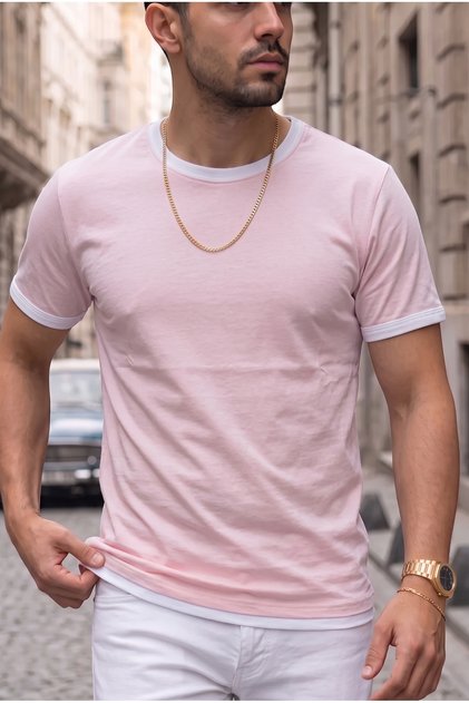 Men's Pink Color T-Shirt with Crew Neck and Sleeve Trim Regular T-Shirt