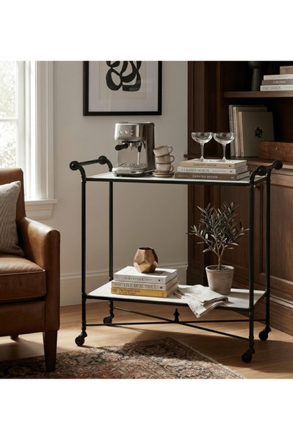 Henzler 106 W x 95 H x 45 D Black Bar Cart Table with Marble Top