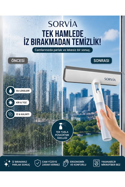 Spreyli Cam Silme Aparatı Mikrofiber Cam Sileceği Çekçekli Pencere Ayna Duşakabin Fayans Temizleyici