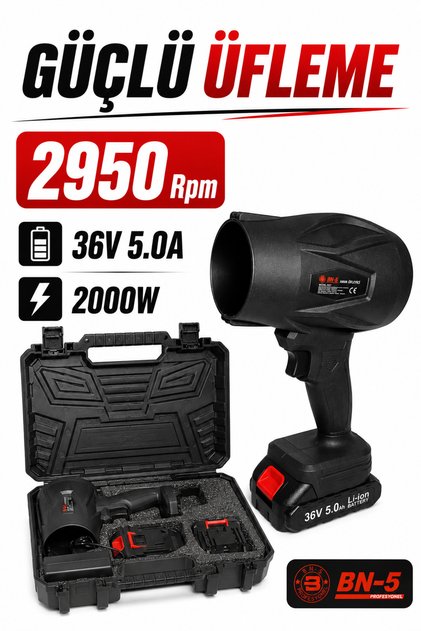 BN-5 Profesyonel 36V 5.0Ah Şarjlı Hava Üfleyici (Blower) - 2000W Güçlü Motor ve Çift Bataryalı Çantalı Set