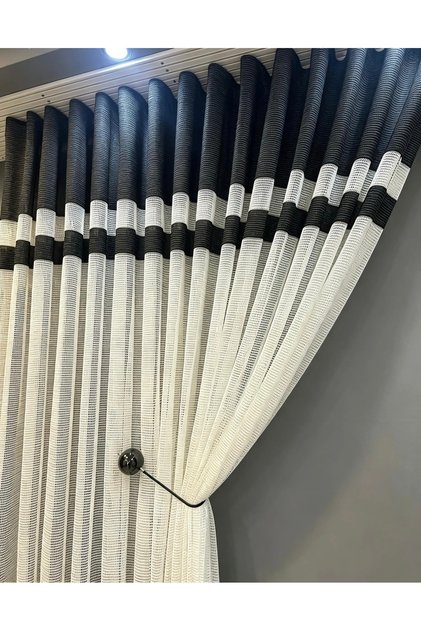 Siyah Beyaz Çizgili Modern Grek Tül Perde S Pileli Tül Perde