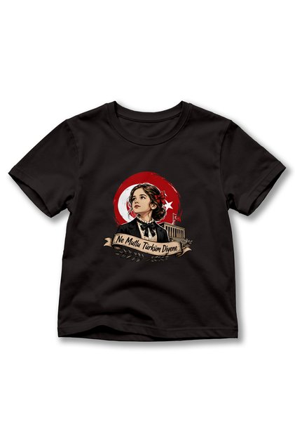 Girl's Ataturk Printed T-Shirt with the Words'Ne Mutlu Türküm Diyene' and Turkish Flag Theme, Crew Neck Short Sleeve T-Shirt