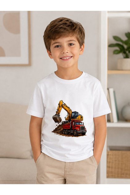 Kids' Excavator and Truck Printed Engineering Vehicle Themed Crew Neck Short Sleeve T-Shirt