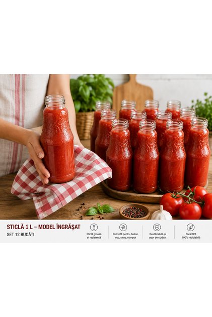 Set 12 Sticle cu capace multicolore 1 L – Ideale pentru Bulion, Suc, Sirop, Compot și Conserve