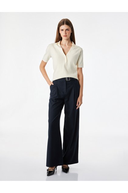 Belted High Waist Wide Leg Striped Trousers with Pockets