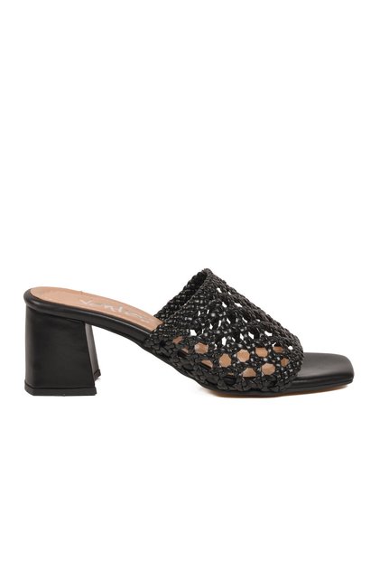 Black Straw Knitted Detailed Women's Thick Heeled Slippers 019612 Z