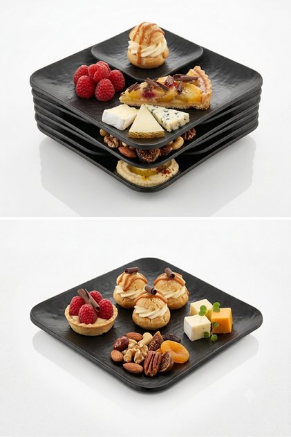 12 Pieces Unbreakable Melamine Square Dessert Plate Serving Plate 26 cm - Black