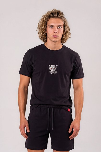 Jaguar Patterned Men's Black T-Shirt - 100% Cotton Regular Fit Premium Embroidered Basic Sports Casual T-Shirt - Standard Cut Animal Patterned Black T-Shirt