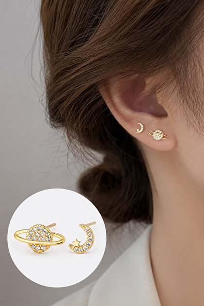 Kadın Gold Ay Yıldız ve Gezegen Figürlü Minimal Taşlı Küpe