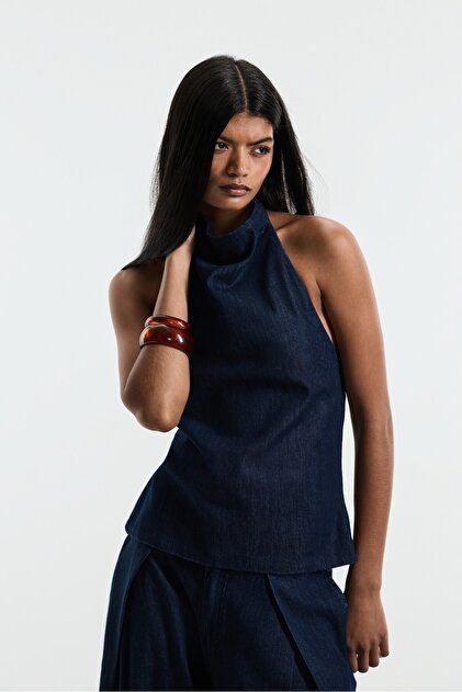 İndigo denim halter yaka top