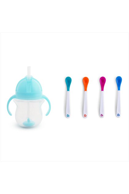 Click-Lock Tip Straw Training Cup, 6 Months+, 207ml, Blue and Heat Indicator Soft Tip Baby Spoons Set of 2
