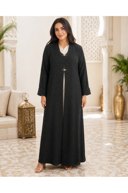 Black Textured Jacquard Abaya with Gold Floral Closure