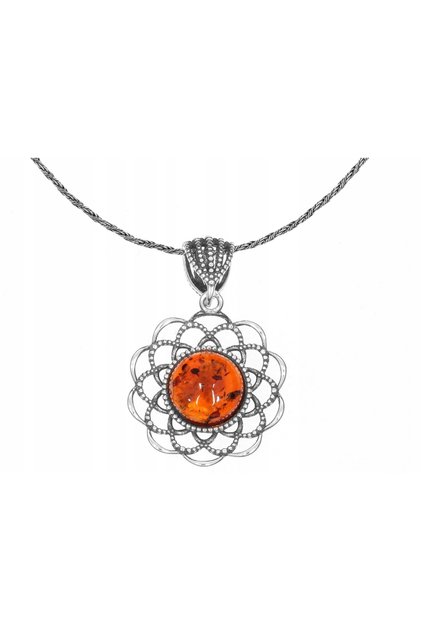 Colier mare, ajurat, oxidat, rotund, în formă de rozetă, cu chihlimbar, choker scurt, 30