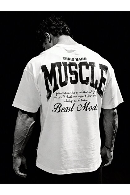 Oversize Muscle Baskılı T-Shirt Train Hard Fitness Gym Büyük Sırt Baskılı Spor Tişört