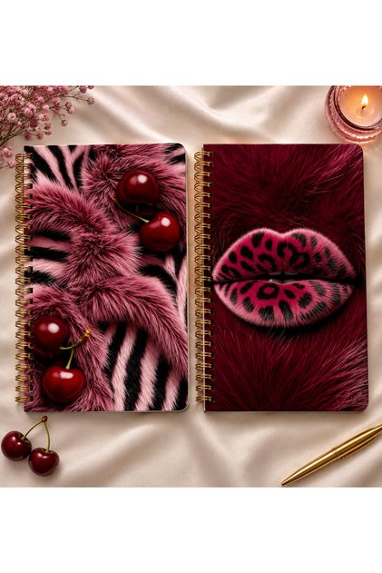 Pembe Leopar & Kiraz Desenli Spiralli Defter – 2’li Set