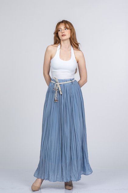 Women's Summer Blue Nerisse Long Pleated Skirt with Elastic Waist Lined Straw Belt Detail Comfortable Summer Wear 6890
