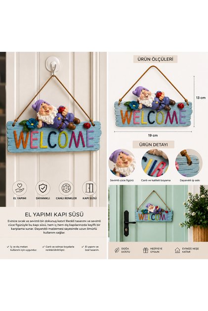 El Yapımı Taş Tozu Cüce Figürlü WELCOME Kapı Süsü – Dekoratif Kapı ve Duvar Süsü